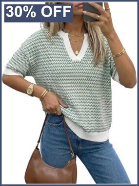 Short Sleeve Striped Pullover Sweater V-Neck Cotton Work Casual